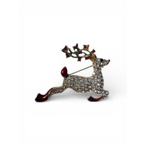 Vintage Rudolph Reindeer Gold Tone Multicolor Enamel Rhinestone Brooch Pin